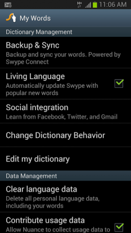 Swype 1.5 für Android - Einstellungen (Bild: Nuance)
