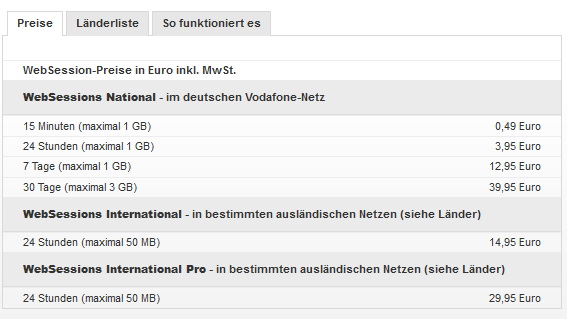 Vodafones bisherige Websession-Tarife (Bild: Vodafone)