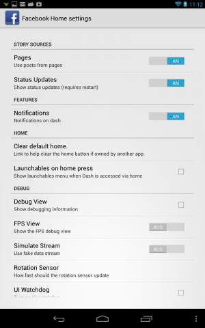 Die Optionen für Facebooks Home (Screenshot: Golem.de)