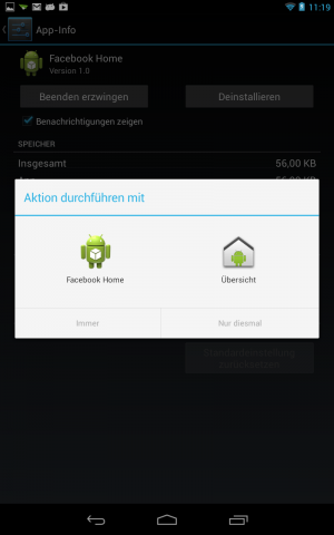Der Nutzer kann zwischen Facebooks Home und dem Startbildschirm für Android wählen. (Screenshot: Golem.de)