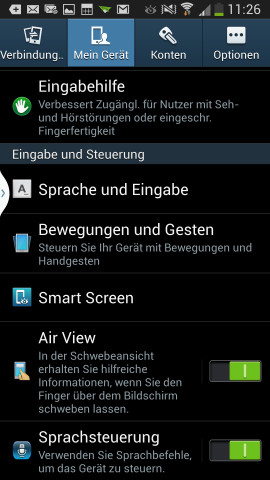 Die Optionen hat Samsung in verschiedene Rubriken aufgeteilt. (Screenshot: Golem.de)