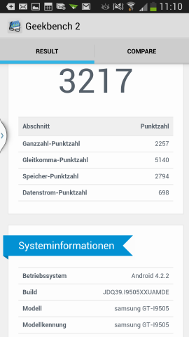Im Geekbench-2-Benchmark schneidet das Galaxy S4 überdurchschnittlich gut ab. (Screenshot: Golem.de)