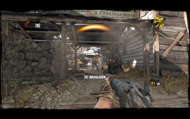 Im Western-Städtchen kämpft der Spieler gegen Banditen, ...