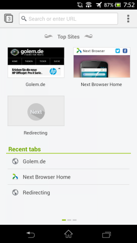 Next Browser - Seite mit Browserverlauf und Top Sites (Bild: Golem.de)