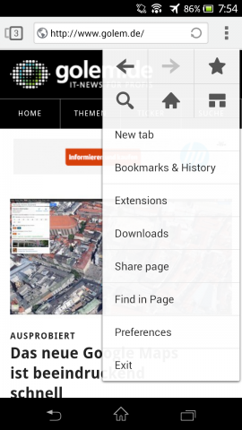 Next Browser mit aufgeklapptem Menü (Bild: Golem.de)