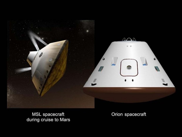 Transportkapsel von Curiosity (links) und die künftige Raumfähre Orion: Kein Schutz vor Strahlung aus der Milchstraße (Bild: Nasa/JPL-Caltech/JSC)