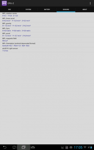 ... und die Daten der Sensoren, wir haben hier das Tablet schr&auml;g gehalten.
