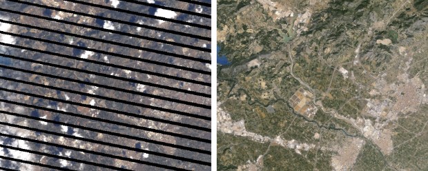 Castell&oacute;n, Spanien: Bilder von Landsat 7 (l.) und das kombinierte Bild (Bild: Google)
