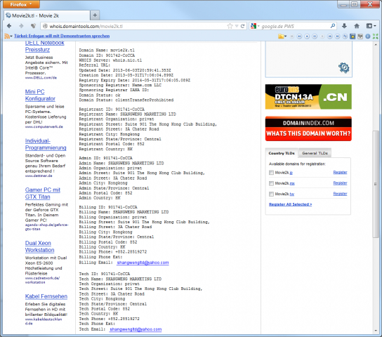 Der Whois-Eintrag von Movie2kt.tl (Screenshot: Golem.de)