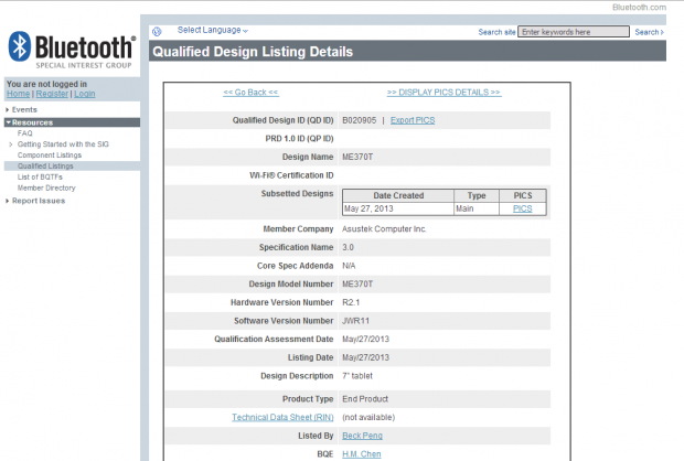 Das Dokument der Bluetooth SIG nennt eine Bildschirmgr&ouml;&szlig;e von 7 Zoll. (Screenshot: Golem.de)
