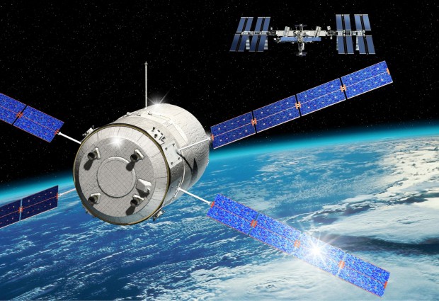 K&uuml;nstlerische Darstellung der Ann&auml;herung eines ATV an die ISS (Grafik: D.Ducros/Esa)