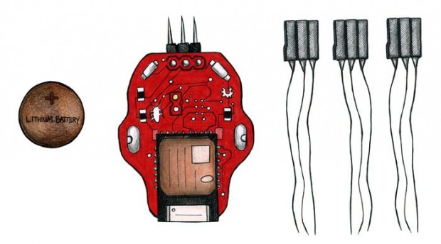 Zum Lieferumfang geh&ouml;ren der Chip, eine Knopfbatterie sowie drei Elektroden f&uuml;r die Schaben. (Bild: Backyard Brains)
