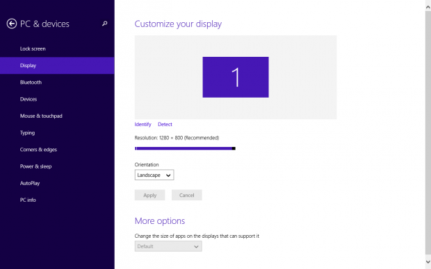 Bildschirmeinstellungen in der Modern-UI: Dies ist eine der Funktionen, die in der klassischen Systemsteuerung mit dem Finger nur schwer bedienbar ist. (Screenshot: Golem.de)