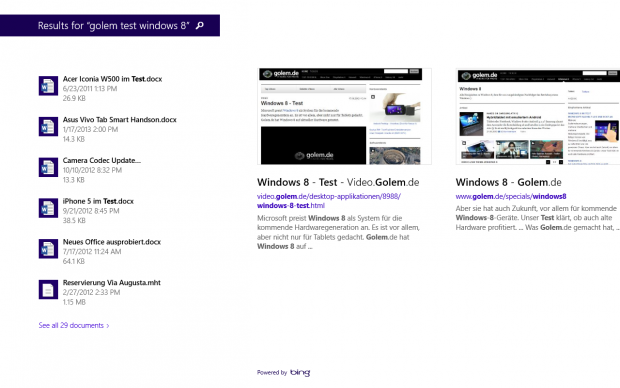 Nach dem Drücken der Enter-Taste gibt es dank der Bing-Integration auch Suchergebnisse im Internet. (Screenshot: Golem.de)