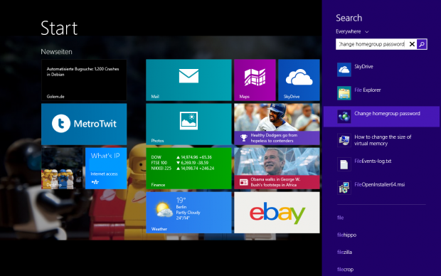 Systemeinstellungen lassen sich suchen, ohne dass der Startbildschirm ausgeblendet wird. (Screenshot: Golem.de)
