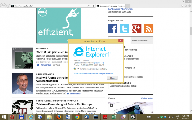 Für Webentwickler interessant: Windows 8.1 erlaubt auch eine Vorschau auf den Internet Explorer 11. (Screenshot: Golem.de)