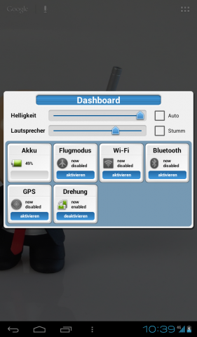 Das Dashboard beinhaltet Funktionen, die sonst in der Benachrichtigungsleiste zu finden sind.