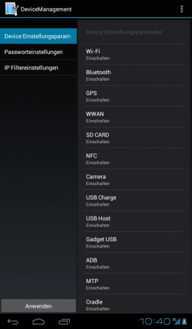 Im Devicemanagement lassen sich verschiedene Komponenten des Tablets deaktivieren.