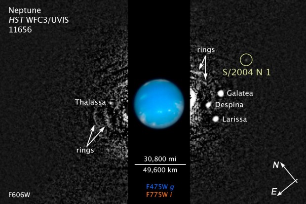 Der S/2004 N1 ist nur etwa 20 Kilometer groß und umkreist den Neptun in 23 Stunden. (Bild: Nasa, Esa, M. Showalter/Seti Institute)