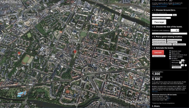 Der Nutzer wählt den Ort der Explosion - einen bekannten Ort zu wählen, soll zum Verständnis beitragen. (Nukemap3D/Screenshot: Golem.de)