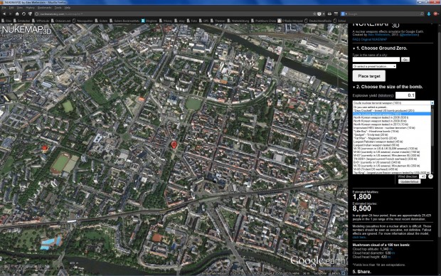 Zur Auswahl stehen verschiedene Sprengköpfe - hier die Hiroshima-Bombe.(Nukemap3D/Screenshot: Golem.de)