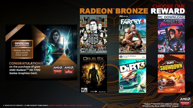 Bronze liegt der Radeon HD 7770 GHz und der HD 7790 bei. Es darf ein Spiel ausgew&auml;hlt werden. (Bild: AMD)