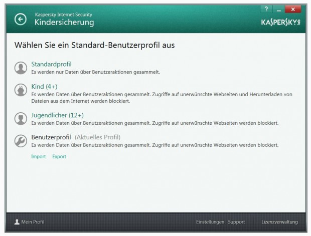 Kaspersky Internet Security 2014 - Profileinstellungen für die Kindersicherung (Bild: Kaspersky Lab)