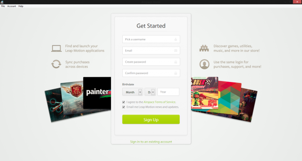 Um den vollen Funktionsumfang des Leap Motion Controllers nutzen zu können, ist ein Account notwendig. (Screenshot: Golem.de)