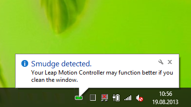 Sollte die Plexiglasplatte des Leap Motion zu verschmutzt sein, gibt das Gerät eine Warnung aus. (Screenshot: Golem.de)