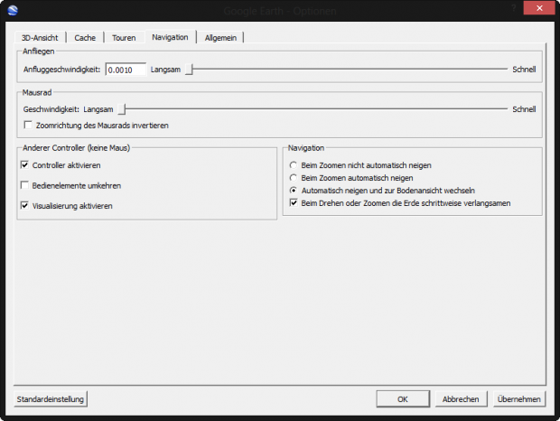 Google Earth erkennt den Controller automatisch. (Screenshot: Golem.de)