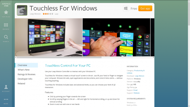 Touchless for Windows erlaubt eine Touch-Steuerung im freien Raum, was aber nur bedingt klappt. (Screenshot: Golem.de)