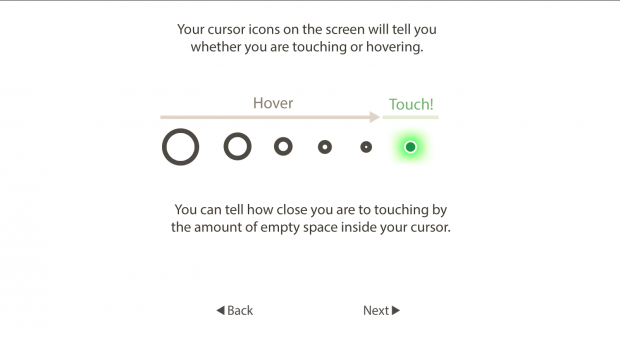 Um zu klicken, muss ein Finger nach vorne bewegt werden, sobald sich der Kreis grün färbt, wird der Klick ausgelöst. (Screenshot: Golem.de)