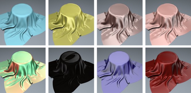 Acht verschiedene Stoffe, manche fiktiv, unter derselben Lichtquelle