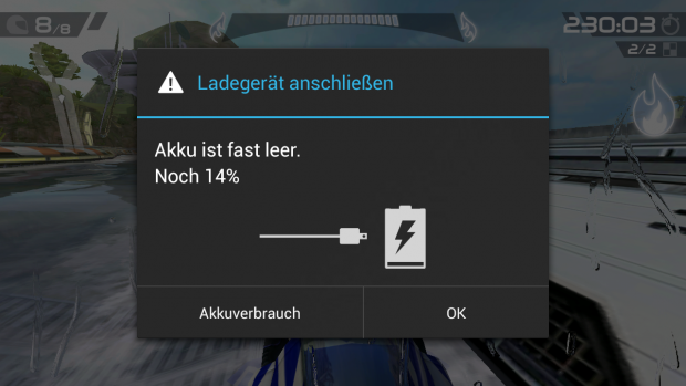 Der Akku hält im Spielebetrieb bei maximaler Helligkeit über vier Stunden durch. (Screenshot: Golem.de)