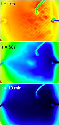 Temperaturverteilung auf dem Fenster nach Einspeisen des kalten Wassers (Blau steht für  niedrigere Temperatur) (Bild:  Wyss Institut Universität Harvard)