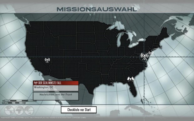 Im Hauptquartier kann sich der Spieler über Vorgänge in den USA informieren und Missionen auswählen.