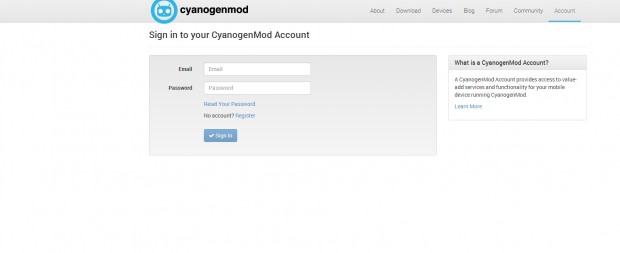 Über eine Internetseite loggt sich der CM-Nutzer ein und kann anschließend auf die Kontenfunktionen zugreifen. (Bild: Cyanogenmod)