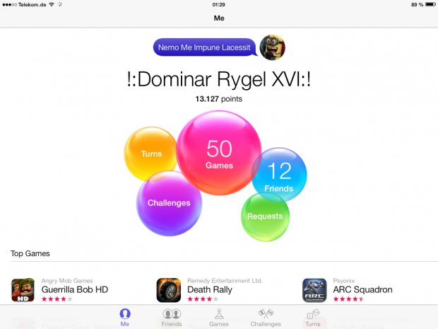 Game Center auf dem iPad. Viel Weiß statt eines künstlichen Teppichs und Holzimitaten. (Screenshot: Golem.de)
