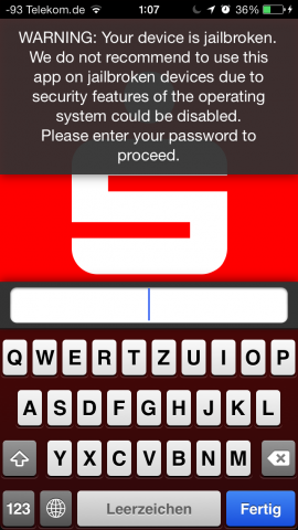 Wer seine Sparkassen-App nicht aktualisiert, bekommt eine Warnung wegen eines Jailbreaks. (Screenshot: Golem.de)