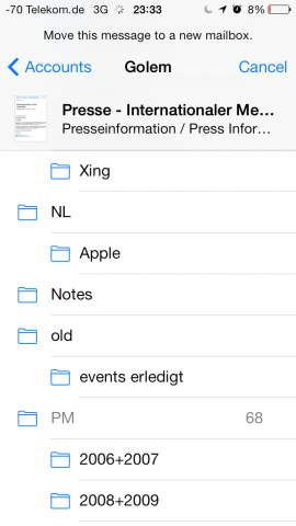 Verschieben von E-Mails mit einer kleinen Vorschau oben links (Screenshot: Golem.de)