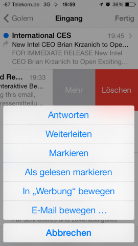 Hinter der "Mehr"-Schaltfläche sind zahlreiche Aktionen benutzbar. (Screenshot: Golem.de)