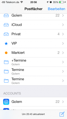 Übersicht über die Postfächer. Man beachte die hinzugefügten IMAP-Ordner in der Übersicht. Zu welchem übergeordneten Ordner diese gehören, erkennt der Nutzer hier nicht. (Screenshot: Golem.de)
