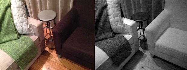 Zudem greift der Sensor auf die iPad-Kamera zu - links das Bild der Tablet-Kamera, rechts das Infrarotbild. (Foto: Occipital)