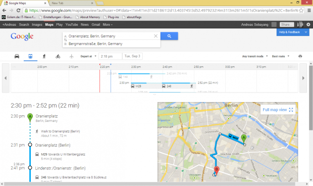 Die neue Version von Google Maps mit Transit-Daten des VBB sieht gut aus. (Screenshot: Golem.de)