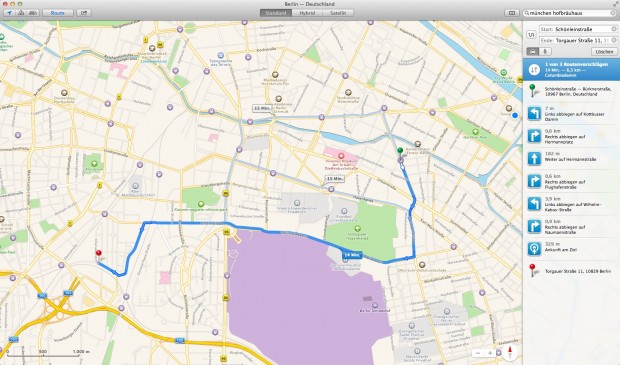 Routenplaner auf Mac OS X 10.9 (Screenshot: Golem.de)