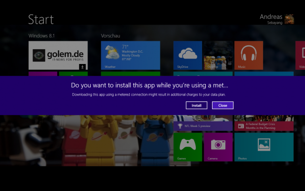 Durch die Anmeldung mit einem Microsoft-Account erscheint unsere Golem.de-App bereits an der richtigen Stelle. Automatisch heruntergeladen wird sie aber nicht. (Screenshot: Golem.de)