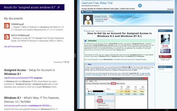 Die Modern-UI-Suche arbeitet jetzt global und nutzt Informationen aus dem Internet. Da wir nur Standardrechte haben, wird die Information, dass es einen Assigned-Access-Mode gibt, dem Anwender nicht dargestellt. (Screenshot: Golem.de)