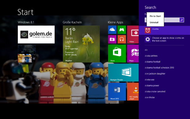In den meisten Fällen wird jetzt überall gesucht. Das ist sehr viel praktischer als die getrennten Suchen von Windows 8. Gut zu sehen sind außerdem die jetzt vier verschiedenen Kachelgrößen. (Screenshot: Golem.de)