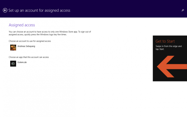 Der Kiosk-Modus beschränkt einen Account auf die Verwendung einer App und lässt sich dank der erweiterten PC-Einstellungen auch komfortabel mit dem Finger aktivieren. Die Einstellung braucht allerdings direkte Adminrechte. Ein Ausweiten der Rechte in den PC-Einstellungen ist nicht möglich. (Screenshot: Golem.de)