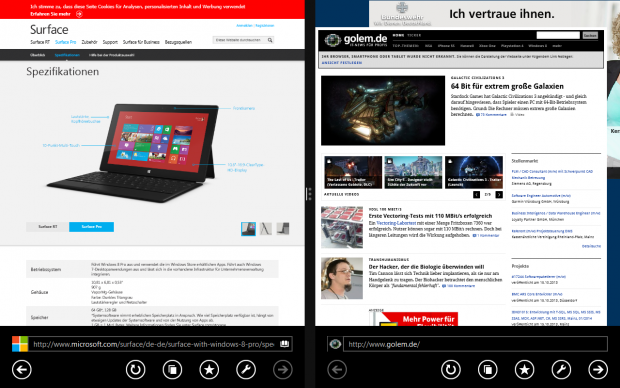 Zwei Fenster von einer App. Der Internet Explorer 11 erlaubt innerhalb der App Multitasking. (Screenshot: Golem.de)